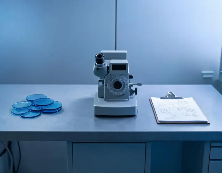 Optical bench with unlabeled blue light lenses blanks and a specification clipboard