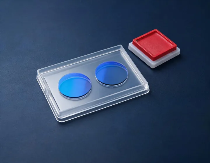 Sample pair of anti blue light lenses on an approval tray