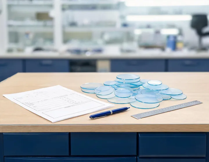 Prescription worksheet beside unlabeled blue light lenses blanks